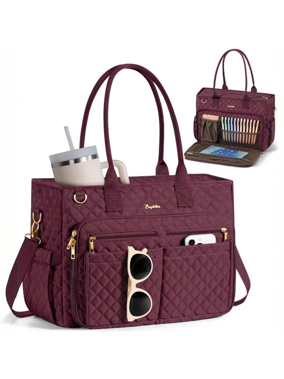 Teacher Tote Bag 15.6 inch Laptop Bag for Women, Work Bags Nurse Bible Bag Quilted Lightweight Laptop Tote Computer Briefcase for School Travel Office College, Burgundy