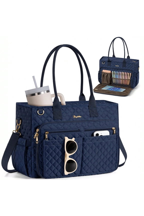 Teacher Tote Bag 15.6 inch Laptop Bag for Women, Work Bags Nurse Bible Bag Quilted Lightweight Laptop Tote Computer Briefcase for School Travel Office College, Dark Blue