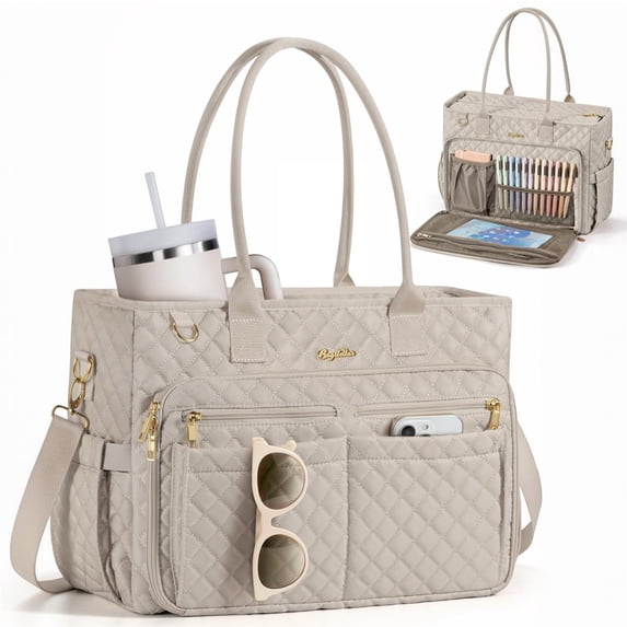 Teacher Tote Bag 15.6 inch Laptop Bag for Women, Work Bags Nurse Bible Bag Quilted Lightweight Laptop Tote Computer Briefcase for School Travel Office College, Beige