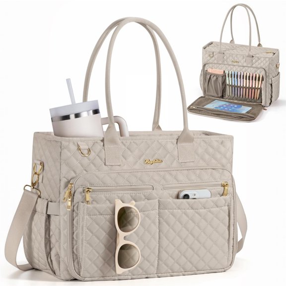 Teacher Tote Bag 15.6 inch Laptop Bag for Women, Work Bags Nurse Bible Bag Quilted Lightweight Laptop Tote Computer Briefcase for School Travel Office College, Beige