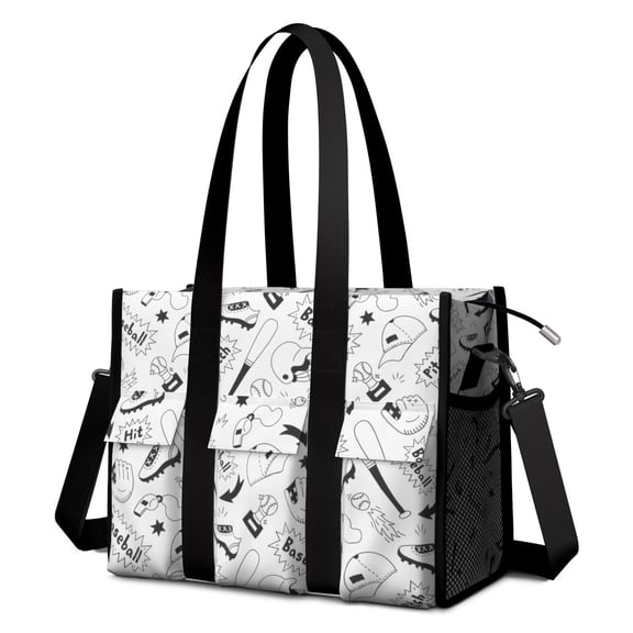Teacher Tote Bag,Baseball Doodle Pattern Teacher Utility Tote Bag,Large Work Tote Bags for Women with Multiple Pockets,Top Zipper Closure,13.8x10.6x6.7 Inch