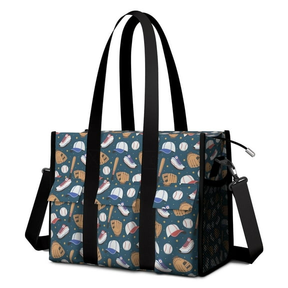 Teacher Tote Bag,Baseball Gear Pattern Teacher Utility Tote Bag,Large Work Tote Bags for Women with Multiple Pockets,Top Zipper Closure,13.8x10.6x6.7 Inch