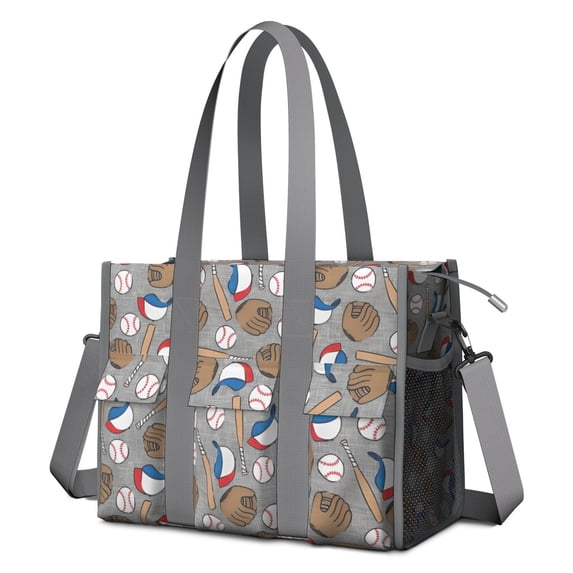 Teacher Tote Bag,Baseball Items Pattern Teacher Utility Tote Bag,Large Work Tote Bags for Women with Multiple Pockets,Top Zipper Closure,13.8x10.6x6.7 Inch