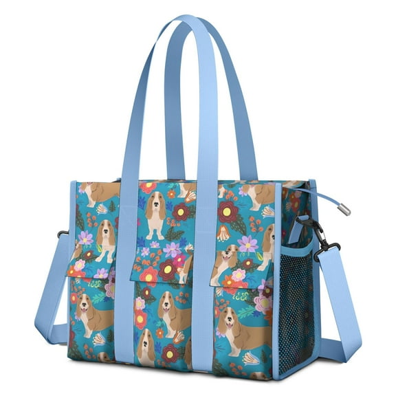 Teacher Tote Bag,Basset Hound Dog and Flower-1 Teacher Utility Tote Bag,Large Work Tote Bags for Women with Multiple Pockets,Top Zipper Closure,13.8x10.6x6.7 Inch