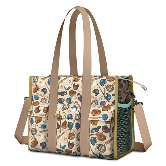 Teacher Tote Bag,Beige Baseball Gear Pattern Teacher Utility Tote Bag,Large Work Tote Bags for Women with Multiple Pockets,Top Zipper Closure,13.8x10.6x6.7 Inch