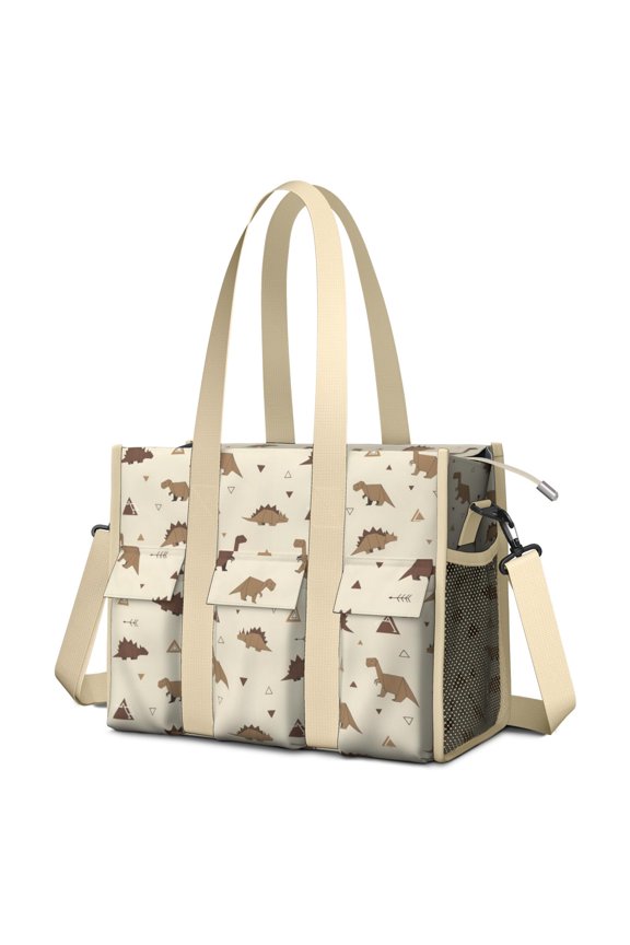 Teacher Tote Bag,Beige Origami Dinosaurs Pattern Teacher Utility Tote Bag,Large Work Tote Bags for Women with Multiple Pockets,Top Zipper Closure,13.8x10.6x6.7 Inch