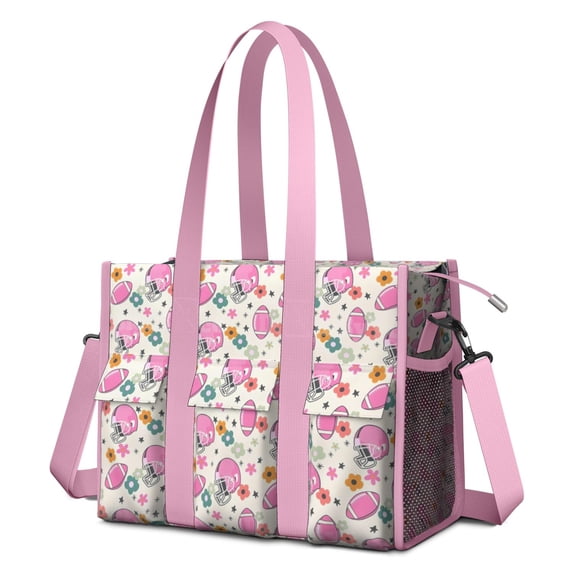 Teacher Tote Bag,Beige Pink Football Helmets Pattern Teacher Utility Tote Bag,Large Work Tote Bags for Women with Multiple Pockets,Top Zipper Closure,13.8x10.6x6.7 Inch