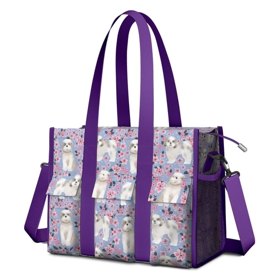 Teacher Tote Bag,Bichon Dog Purple Florals Teacher Utility Tote Bag,Large Work Tote Bags for Women with Multiple Pockets,Top Zipper Closure,13.8x10.6x6.7 Inch