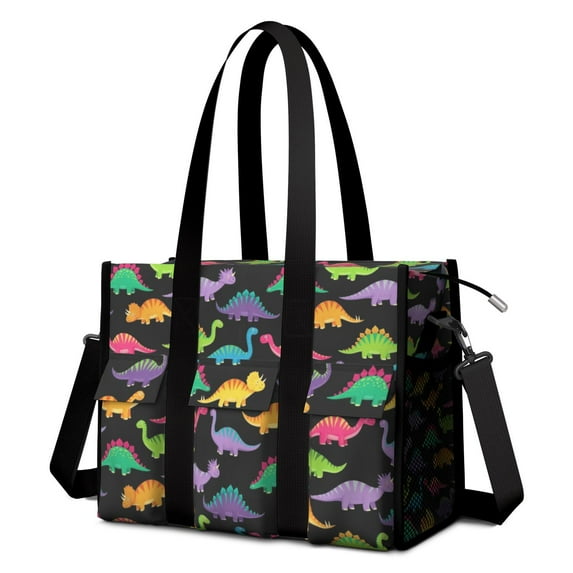 Teacher Tote Bag,Black Colorful Dinosaur Pattern Teacher Utility Tote Bag,Large Work Tote Bags for Women with Multiple Pockets,Top Zipper Closure,13.8x10.6x6.7 Inch