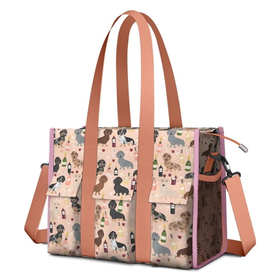 Teacher Tote Bag,Black Cute Dachshund Dog and Wine Teacher Utility Tote Bag,Large Work Tote Bags for Women with Multiple Pockets,Top Zipper Closure,13.8x10.6x6.7 Inch