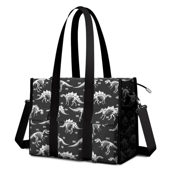 Teacher Tote Bag,Black Dinosaurs Skeleton Text Pattern Teacher Utility Tote Bag,Large Work Tote Bags for Women with Multiple Pockets,Top Zipper Closure,13.8x10.6x6.7 Inch