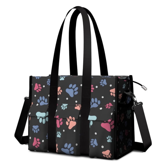 Teacher Tote Bag,Black Dog Paw Footprint Teacher Utility Tote Bag,Large Work Tote Bags for Women with Multiple Pockets,Top Zipper Closure,13.8x10.6x6.7 Inch