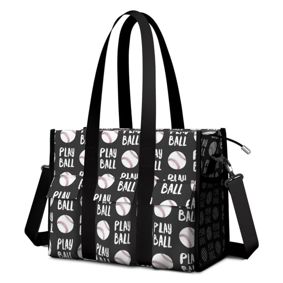 Teacher Tote Bag,Black Play Ball Baseball Pattern Teacher Utility Tote Bag,Large Work Tote Bags for Women with Multiple Pockets,Top Zipper Closure,13.8x10.6x6.7 Inch