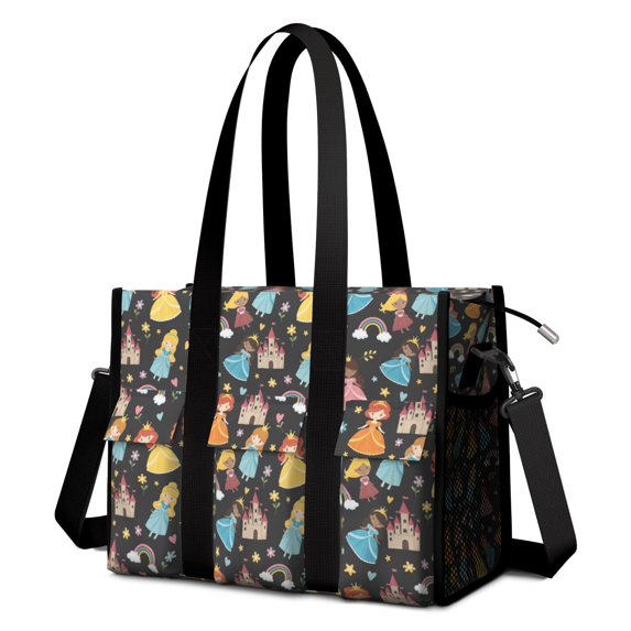 Teacher Tote Bag,Black Princess Castle Pattern Teacher Utility Tote Bag,Large Work Tote Bags for Women with Multiple Pockets,Top Zipper Closure,13.8x10.6x6.7 Inch