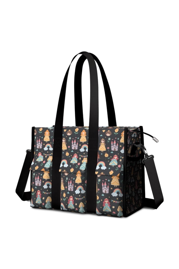 Teacher Tote Bag,Black Princess Castle Rainbow Pattern Teacher Utility Tote Bag,Large Work Tote Bags for Women with Multiple Pockets,Top Zipper Closure,13.8x10.6x6.7 Inch