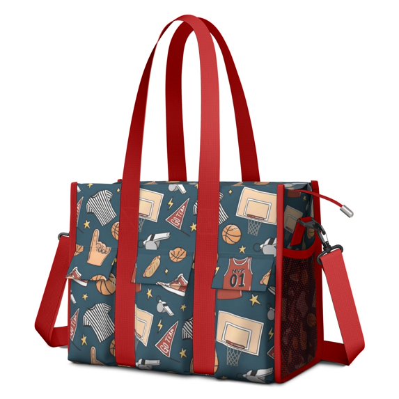 Teacher Tote Bag,Blue Basketball Related Items Pattern Teacher Utility Tote Bag,Large Work Tote Bags for Women with Multiple Pockets,Top Zipper Closure,13.8x10.6x6.7 Inch