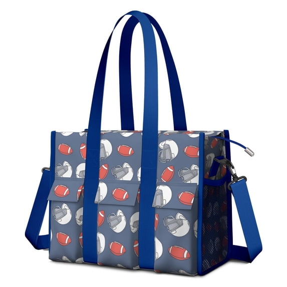 Teacher Tote Bag,Blue Football Helmets and Balls Pattern Teacher Utility Tote Bag,Large Work Tote Bags for Women with Multiple Pockets,Top Zipper Closure,13.8x10.6x6.7 Inch