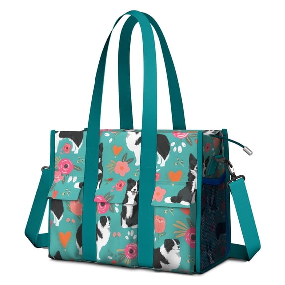 Teacher Tote Bag,Border Collie Dog and Flower Florals Teacher Utility Tote Bag,Large Work Tote Bags for Women with Multiple Pockets,Top Zipper Closure,13.8x10.6x6.7 Inch