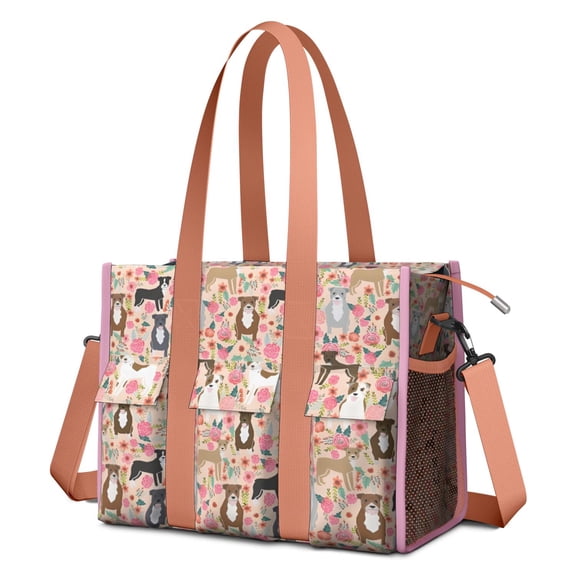 Teacher Tote Bag,Boston Terrier Dog and Flower Florals Teacher Utility Tote Bag,Large Work Tote Bags for Women with Multiple Pockets,Top Zipper Closure,13.8x10.6x6.7 Inch
