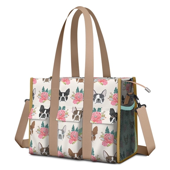 Teacher Tote Bag,Boston Terrier Dog and Flower Florals Teacher Utility Tote Bag,Large Work Tote Bags for Women with Multiple Pockets,Top Zipper Closure,13.8x10.6x6.7 Inch