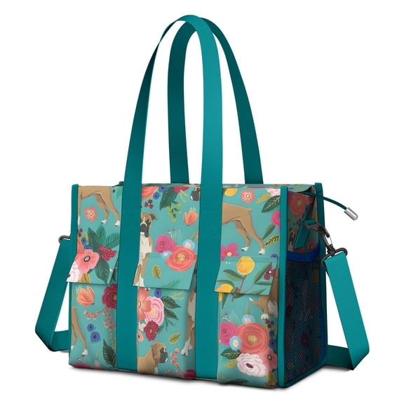 Teacher Tote Bag,BoxerDog and Pioneer Flower Teacher Utility Tote Bag,Large Work Tote Bags for Women with Multiple Pockets,Top Zipper Closure,13.8x10.6x6.7 Inch