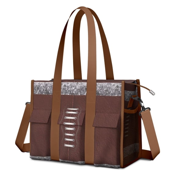 Teacher Tote Bag,Brown Silver Football Pattern Teacher Utility Tote Bag,Large Work Tote Bags for Women with Multiple Pockets,Top Zipper Closure,13.8x10.6x6.7 Inch