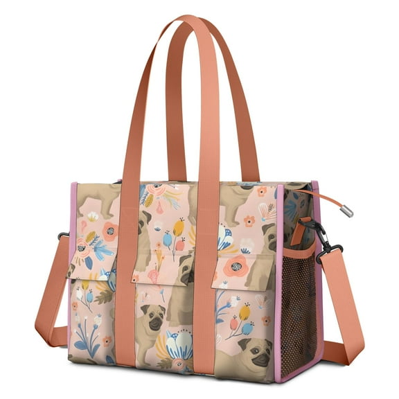 Teacher Tote Bag,Bulldog Dog and Flower Florals Teacher Utility Tote Bag,Large Work Tote Bags for Women with Multiple Pockets,Top Zipper Closure,13.8x10.6x6.7 Inch