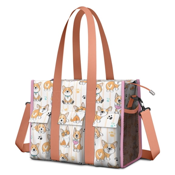 Teacher Tote Bag,Cartoon Corgi Teacher Utility Tote Bag,Large Work Tote Bags for Women with Multiple Pockets,Top Zipper Closure,13.8x10.6x6.7 Inch