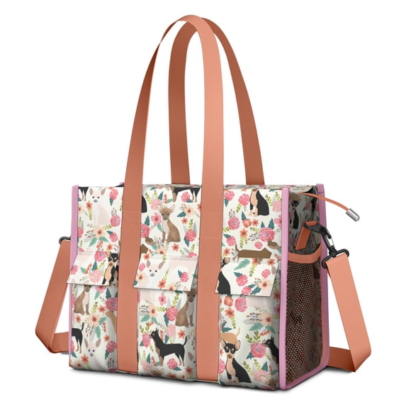 Teacher Tote Bag,Chihuahua and Flower Florals Teacher Utility Tote Bag,Large Work Tote Bags for Women with Multiple Pockets,Top Zipper Closure,13.8x10.6x6.7 Inch