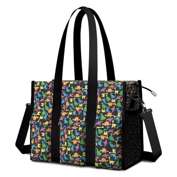 Teacher Tote Bag,Colorful Cartoon Dinosaurs SmallFigures Pattern Teacher Utility Tote Bag,Large Work Tote Bags for Women with Multiple Pockets,Top Zipper Closure,13.8x10.6x6.7 Inch