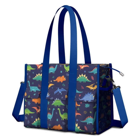 Teacher Tote Bag,Colorful Dinosaur and Leaf Pattern Teacher Utility Tote Bag,Large Work Tote Bags for Women with Multiple Pockets,Top Zipper Closure,13.8x10.6x6.7 Inch