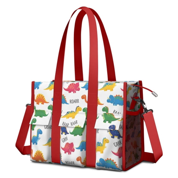 Teacher Tote Bag,Colorful Dinosaur with Roar Pattern Teacher Utility Tote Bag,Large Work Tote Bags for Women with Multiple Pockets,Top Zipper Closure,13.8x10.6x6.7 Inch