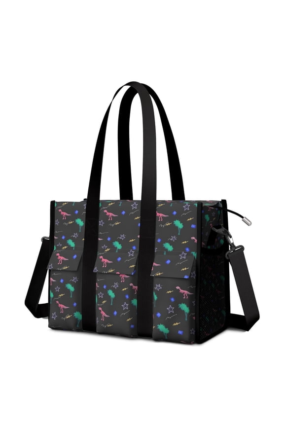 Teacher Tote Bag,Colorful Dinosaurs Palms Stars Pattern Teacher Utility Tote Bag,Large Work Tote Bags for Women with Multiple Pockets,Top Zipper Closure,13.8x10.6x6.7 Inch