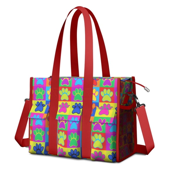 Teacher Tote Bag,Colorful Dog Paw Footprint Teacher Utility Tote Bag,Large Work Tote Bags for Women with Multiple Pockets,Top Zipper Closure,13.8x10.6x6.7 Inch