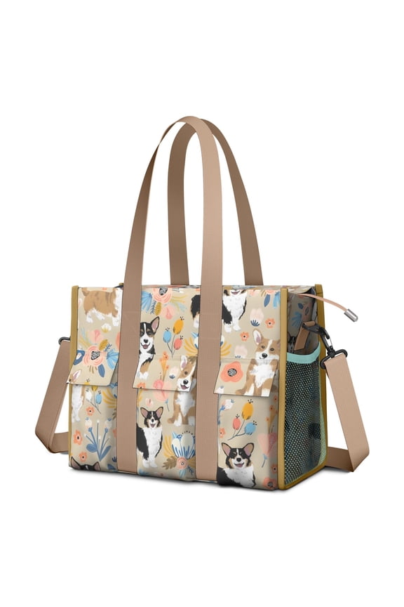 Teacher Tote Bag,Corgi Dog and Flower Florals Teacher Utility Tote Bag,Large Work Tote Bags for Women with Multiple Pockets,Top Zipper Closure,13.8x10.6x6.7 Inch