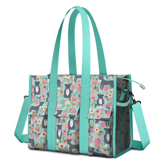 Teacher Tote Bag,Cute Pitbull Terriers Dog and Flowers Teacher Utility Tote Bag,Large Work Tote Bags for Women with Multiple Pockets,Top Zipper Closure,13.8x10.6x6.7 Inch