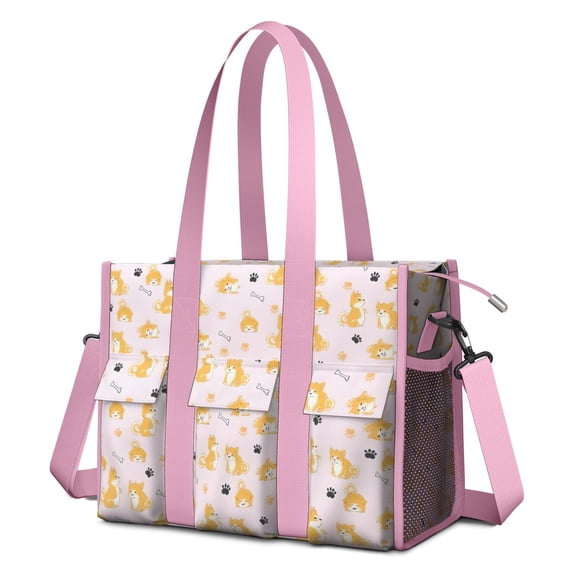 Teacher Tote Bag,Cute Shiba Inu Teacher Utility Tote Bag,Large Work Tote Bags for Women with Multiple Pockets,Top Zipper Closure,13.8x10.6x6.7 Inch