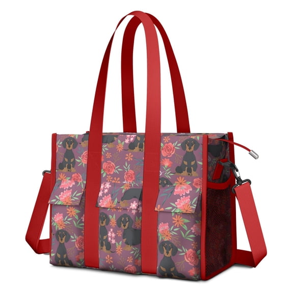 Teacher Tote Bag,Dachshund Dog and Flower Floral Teacher Utility Tote Bag,Large Work Tote Bags for Women with Multiple Pockets,Top Zipper Closure,13.8x10.6x6.7 Inch