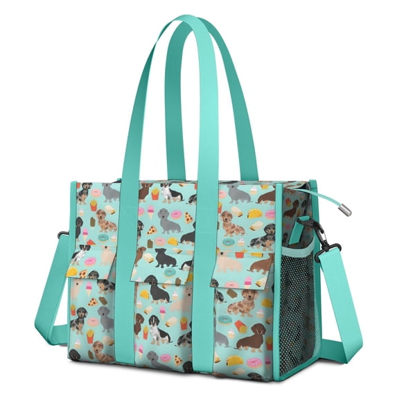 Teacher Tote Bag,Dachshund Dog and Pizza Teacher Utility Tote Bag,Large Work Tote Bags for Women with Multiple Pockets,Top Zipper Closure,13.8x10.6x6.7 Inch