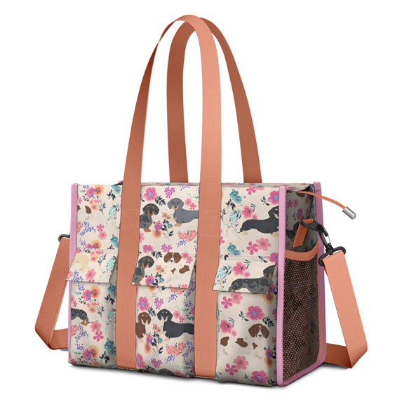 Teacher Tote Bag,Dachshund and Flower Teacher Utility Tote Bag,Large Work Tote Bags for Women with Multiple Pockets,Top Zipper Closure,13.8x10.6x6.7 Inch