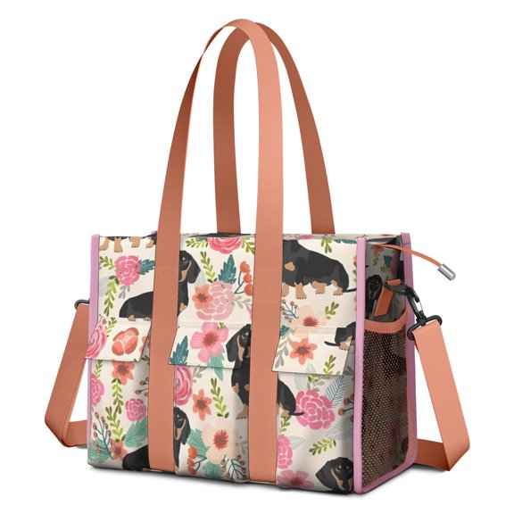 Teacher Tote Bag,Dachshund and Flower Teacher Utility Tote Bag,Large Work Tote Bags for Women with Multiple Pockets,Top Zipper Closure,13.8x10.6x6.7 Inch