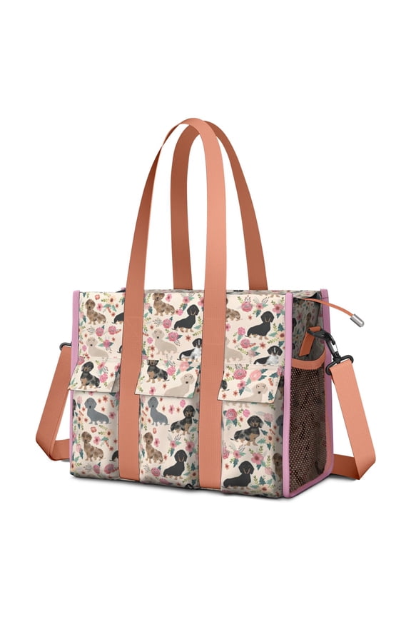 Teacher Tote Bag,Dachshund and Flower Teacher Utility Tote Bag,Large Work Tote Bags for Women with Multiple Pockets,Top Zipper Closure,13.8x10.6x6.7 Inch