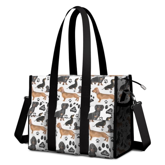 Teacher Tote Bag,Dachshund Footprint Teacher Utility Tote Bag,Large Work Tote Bags for Women with Multiple Pockets,Top Zipper Closure,13.8x10.6x6.7 Inch