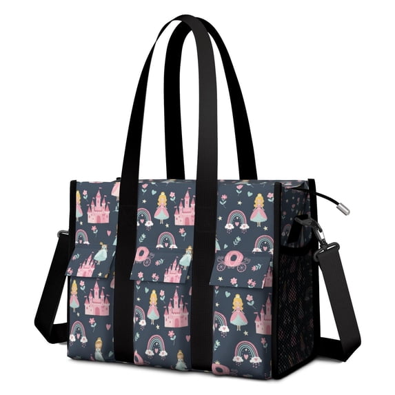 Teacher Tote Bag,Dark Blue Princess Castle Night Pattern Teacher Utility Tote Bag,Large Work Tote Bags for Women with Multiple Pockets,Top Zipper Closure,13.8x10.6x6.7 Inch