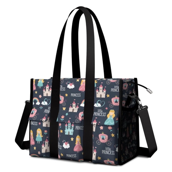 Teacher Tote Bag,Dark Blue Princess Castle Pattern Teacher Utility Tote Bag,Large Work Tote Bags for Women with Multiple Pockets,Top Zipper Closure,13.8x10.6x6.7 Inch