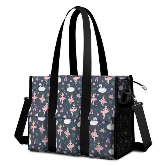 Teacher Tote Bag,Dark Blue Swan Ballerina Pattern Teacher Utility Tote Bag,Large Work Tote Bags for Women with Multiple Pockets,Top Zipper Closure,13.8x10.6x6.7 Inch