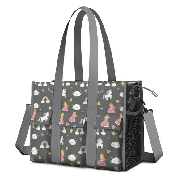 Teacher Tote Bag,Dark Gray Princess Unicorn Cloud Pattern Teacher Utility Tote Bag,Large Work Tote Bags for Women with Multiple Pockets,Top Zipper Closure,13.8x10.6x6.7 Inch