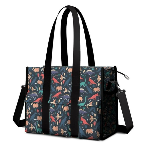 Teacher Tote Bag,DarkBlue Colorful Dinosaurs Pattern Teacher Utility Tote Bag,Large Work Tote Bags for Women with Multiple Pockets,Top Zipper Closure,13.8x10.6x6.7 Inch