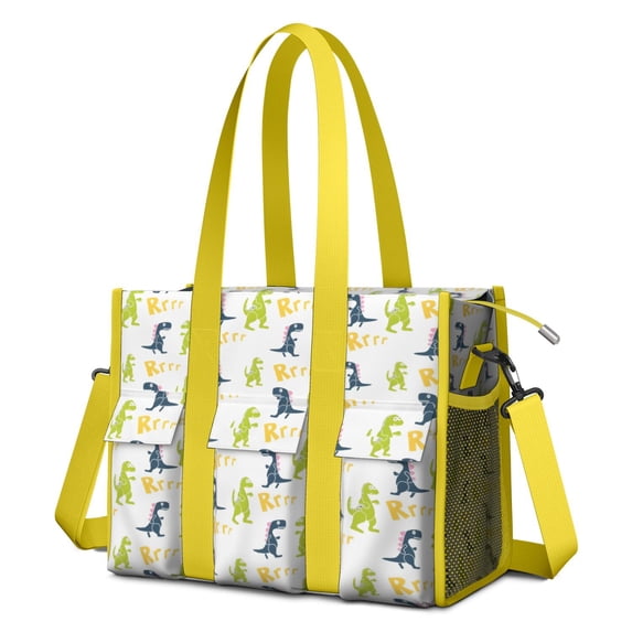 Teacher Tote Bag,Dinosaur with Rrrr Pattern Teacher Utility Tote Bag,Large Work Tote Bags for Women with Multiple Pockets,Top Zipper Closure,13.8x10.6x6.7 Inch