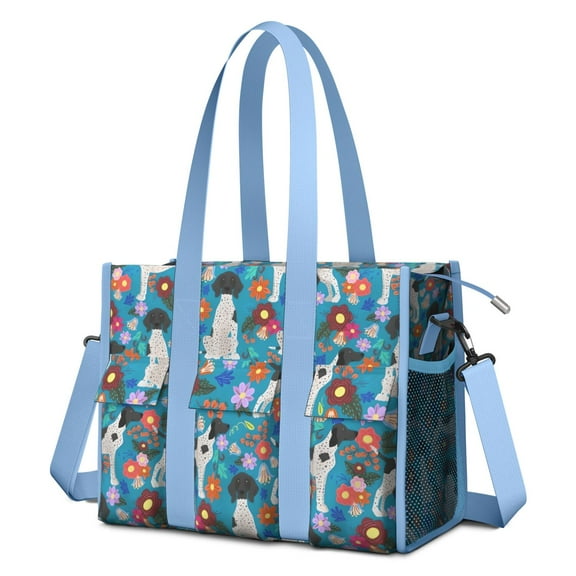 Teacher Tote Bag,Dog with Pioneer Flower Teacher Utility Tote Bag,Large Work Tote Bags for Women with Multiple Pockets,Top Zipper Closure,13.8x10.6x6.7 Inch